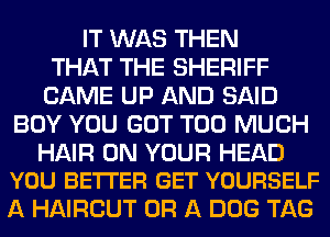 IT WAS THEN
THAT THE SHERIFF
CAME UP AND SAID
BOY YOU GOT TOO MUCH

HAIR ON YOUR HEAD
YOU BE'ITER GET YOURSELF

A HAIRCUT OR A DOG TAG
