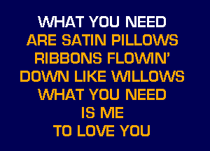 WHAT YOU NEED
ARE SATIN PILLOWS
RIBBONS FLOININ'
DOWN LIKE VVILLOWS
WHAT YOU NEED
IS ME
TO LOVE YOU