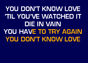 YOU DON'T KNOW LOVE
'TIL YOU'VE WATCHED IT
DIE IN VAIN
YOU HAVE TO TRY AGAIN
YOU DON'T KNOW LOVE