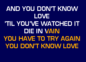 AND YOU DON'T KNOW
LOVE
'TIL YOU'VE WATCHED IT
DIE IN VAIN
YOU HAVE TO TRY AGAIN
YOU DON'T KNOW LOVE