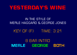 IN WE STYLE OF

MERLE HABBARD 8x GEORGE JONES

KEYO

MERLE

F (F) TIMEI 321

8 BAR INTRO
GEORGE BOTH