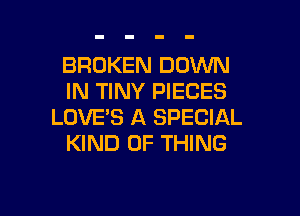 BROKEN DOWN
IN TINY PIECES

LOVE'S A SPECIAL
KIND OF THING