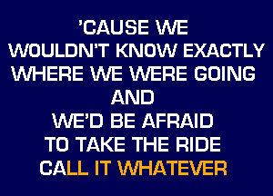 'CAUSE WE
WOULDN'T KNOW EXACTLY

WHERE WE WERE GOING
AND
WE'D BE AFRAID
TO TAKE THE RIDE
CALL IT WHATEVER