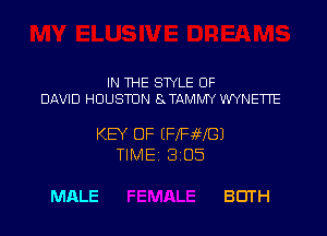 IN THE STYLE OF
DAVID HOUSTON 8 TAMMY WYNETTE

KW OF (FnyJHGJ
TIME 3 05

MALE BDTH