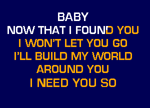 BABY
NOW THAT I FOUND YOU
I WON'T LET YOU GO
IILL BUILD MY WORLD
AROUND YOU

I NEED YOU SO