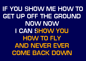 IF YOU SHOW ME HOW TO
GET UP OFF THE GROUND
NOW NOW
I CAN SHOW YOU
HOW TO FLY
AND NEVER EVER
COME BACK DOWN