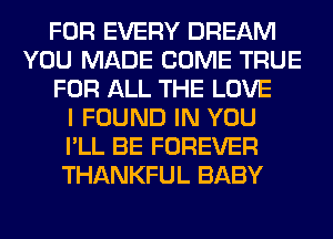 FOR EVERY DREAM
YOU MADE COME TRUE
FOR ALL THE LOVE
I FOUND IN YOU
I'LL BE FOREVER
THANKFUL BABY