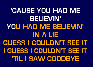 'CAUSE YOU HAD ME
BELIEVIN'
YOU HAD ME BELIEVIN'
IN A LIE

GUESS I COULDN'T SEE IT
I GUESS l COULDN'T SEE IT

'TIL I SAW GOODBYE