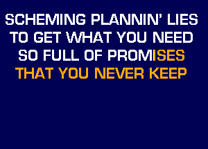 SCHEMING PLANNIN' LIES
TO GET WHAT YOU NEED
80 FULL OF PROMISES
THAT YOU NEVER KEEP