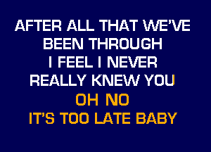 AFTER ALL THAT WE'VE
BEEN THROUGH
I FEELI NEVER
REALLY KNEW YOU

OH NO
IT'S TOO LATE BABY