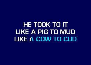 HE TOOK TO IT
LIKE A PIG TO MUD

LIKE A COW T0 CUD