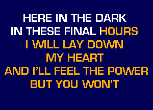 HERE IN THE DARK
IN THESE FINAL HOURS
I WILL LAY DOWN
MY HEART
AND I'LL FEEL THE POWER
BUT YOU WON'T