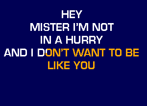HEY
MISTER I'M NOT
IN A HURRY
AND I DON'T WANT TO BE

LIKE YOU