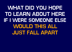 WHAT DID YOU HOPE

TO LEARN ABOUT HERE
IF I WERE SOMEONE ELSE

WOULD THIS ALL
JUST FALL APART