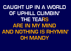 CAUGHT UP IN A WORLD
OF UPHILL CLIMBIM
THE TEARS
ARE IN MY MIND
AND NOTHING IS RHYMIM
0H MANDY