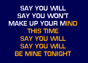 SAY YOU WILL
SAY YOU WON'T
MAKE UP YOUR MIND
THIS TIME
SAY YOU WLL
SAY YOU WLL
BE MINE TONIGHT
