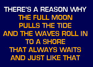 THERE'S A REASON WHY
THE FULL MOON
PULLS THE TIDE

AND THE WAVES ROLL IN

TO A SHORE
THAT ALWAYS WAITS
AND JUST LIKE THAT