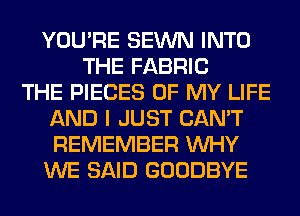 YOU'RE SEWN INTO
THE FABRIC
THE PIECES OF MY LIFE
AND I JUST CAN'T
REMEMBER WHY
WE SAID GOODBYE