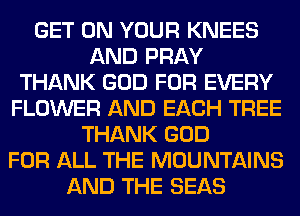 GET ON YOUR KNEES
AND PRAY
THANK GOD FOR EVERY
FLOWER AND EACH TREE
THANK GOD
FOR ALL THE MOUNTAINS
AND THE SEAS