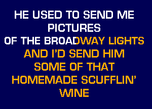 HE USED TO SEND ME

PICTURES
OF THE BROADWAY LIGHTS

AND I'D SEND HIM
SOME OF THAT
HOMEMADE SCUFFLIN'
WINE