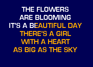 THE FLOWERS
ARE BLOOMING
IT'S A BEAUTIFUL DAY
THERES A GIRL
WTH A HEART
AS BIG AS THE SKY