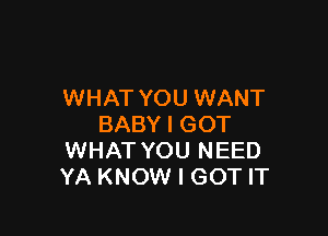WHAT YOU WANT

BABY I GOT
WHAT YOU NEED
YA KNOW I GOT IT