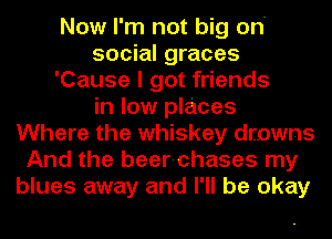 Now I'm not big on'
social graces
'Cause I got friends
in low places
Where the whiskey drowns
And the beer-chases my
blues away and I'll be okay