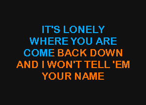IT'S LONELY
WHEREYOU ARE
COME BACK DOWN
AND IWON'T TELL 'EM
YOUR NAME

g