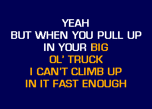 YEAH
BUT WHEN YOU PULL UP
IN YOUR BIG
OL' TRUCK
I CAN'T CLIMB UP
IN IT FAST ENOUGH