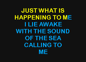 JUSTWHAT IS
HAPPENING TO ME
I LIE AWAKE

WITH THE SOUND
OF THE SEA
CALLING TO

ME