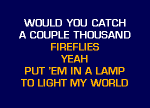 WOULD YOU CATCH
A COUPLE THOUSAND
FIREFLIES
YEAH
PUT EM IN A LAMP
T0 LIGHT MY WORLD