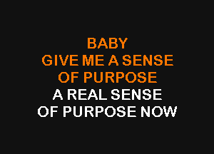 BABY
GIVE ME A SENSE

OF PURPOSE
A REAL SENSE
OF PURPOSE NOW