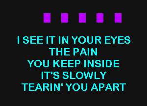 ISEE IT IN YOUR EYES
THE PAIN
YOU KEEP INSIDE
IT'S SLOWLY

TEARIN' YOU APART l