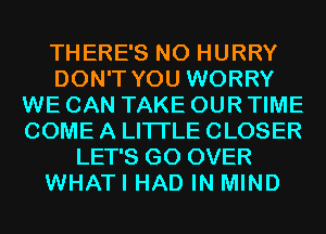 THERE'S N0 HURRY
DON'T YOU WORRY
WE CAN TAKE OUR TIME
COME A LITTLE CLOSER
LET'S GO OVER
WHATI HAD IN MIND