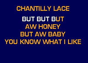 CHANTILLY LACE

BUT BUT BUT
AW HONEY
BUT AW BABY
YOU KNOW WHAT I LIKE