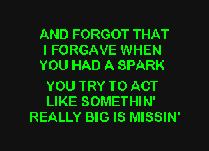 AND FORGOT THAT
I FORGAVE WHEN
YOU HAD A SPARK

YOU TRY TO ACT
LIKE SOMETHIN'
REALLY BIG IS MISSIN'