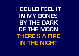 I COULD FEEL IT
IN MY BONES
BY THE DARK
OF THE MOON

THERE'S A FIRE
IN THE NIGHT

g