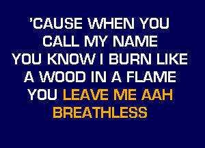 'CAUSE WHEN YOU
CALL MY NAME
YOU KNOWI BURN LIKE
A WOOD IN A FLAME
YOU LEAVE ME MH
BREATHLESS
