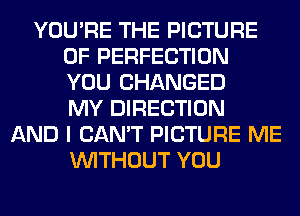 YOU'RE THE PICTURE
OF PERFECTION
YOU CHANGED
MY DIRECTION
AND I CAN'T PICTURE ME
WITHOUT YOU