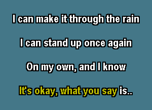 I can make it through the rain
I can stand up once again
On my own, and I know

It's okay, what you say is..