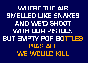WHERE THE AIR
SMELLED LIKE SNAKES
AND WE'D SHOOT
WITH OUR PISTOLS
BUT EMPTY POP BOTTLES
WAS ALL
WE WOULD KILL