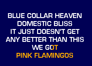 BLUE COLLAR HEAVEN
DOMESTIC BLISS
IT JUST DOESN'T GET
ANY BETTER THAN THIS
WE GOT
PINK FLAMINGOS