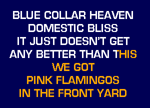 BLUE COLLAR HEAVEN
DOMESTIC BLISS
IT JUST DOESN'T GET
ANY BETTER THAN THIS
WE GOT
PINK FLAMINGOS
IN THE FRONT YARD
