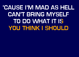 'CAUSE I'M MAD AS HELL
CAN'T BRING MYSELF
TO DO WHAT IT IS
YOU THINK I SHOULD