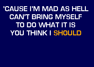 'CAUSE I'M MAD AS HELL
CAN'T BRING MYSELF
TO DO WHAT IT IS
YOU THINK I SHOULD