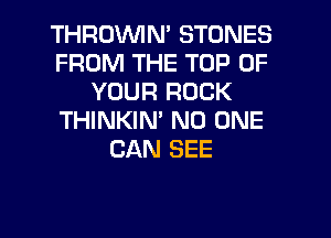 THRDVVIN' STONES
FROM THE TOP OF
YOUR ROCK
THINKIM NO ONE
CAN SEE