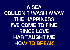 A SEA
COULDN'T WASH AWAY
THE HAPPINESS
I'VE COME TO FIND
SINCE LOVE
HAS TAUGHT ME
HOW TO BREAK