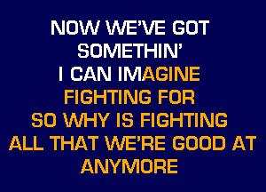 NOW WE'VE GOT
SOMETHIN'
I CAN IMAGINE
FIGHTING FOR
80 WHY IS FIGHTING
ALL THAT WERE GOOD AT
ANYMORE