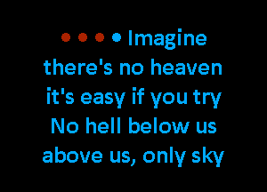 0 0 0 0 Imagine
there's no heaven

it's easy if you try
No hell below us
above us, only sky