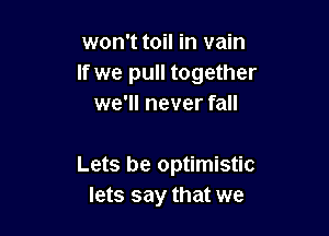 won't toil in vain
If we pull together
we'll never fall

Lets be optimistic
lets say that we